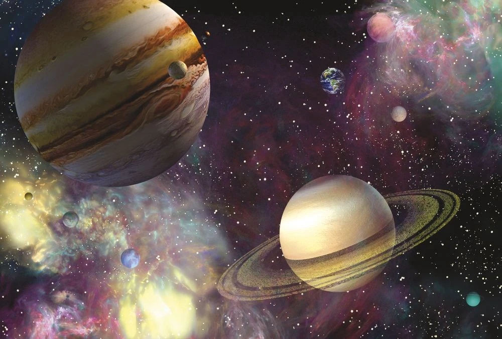 Фотообои и фрески на стену - в детскую комнату, космос, желто-сиреневая