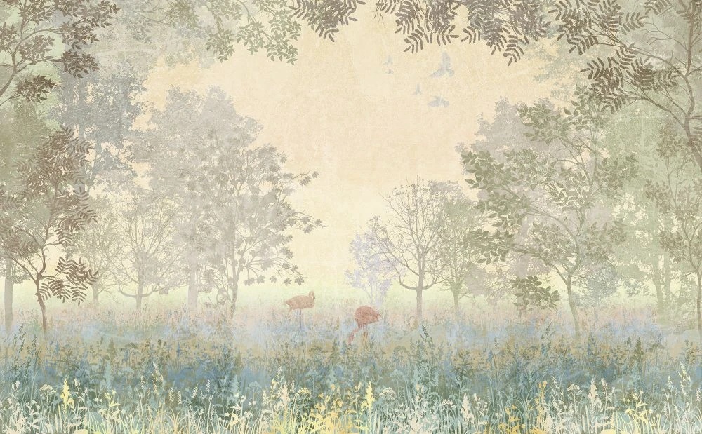 Фотообои на стену - пейзаж, лес, зеленый пейзаж, фламинго