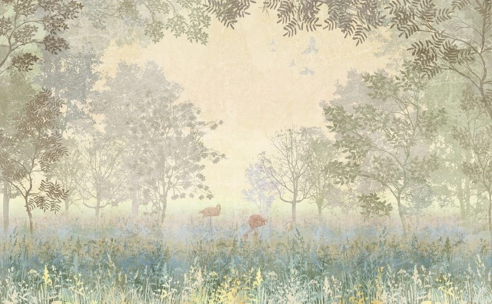 Фотообои на стену - пейзаж, лес, зеленый пейзаж, фламинго