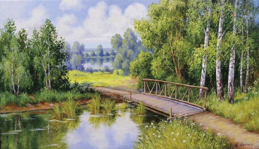 Фотообои и фрески на стену - пейзаж, лес, река, мост