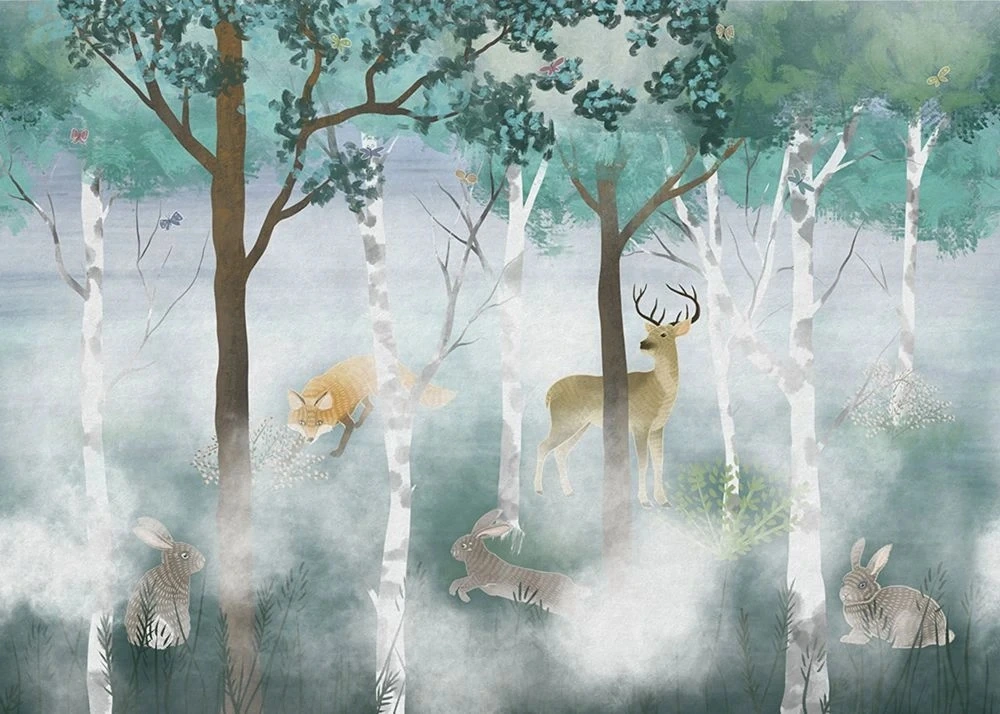 Фотообои и фрески на стену - пейзаж, деревья, звери, бирюзовая