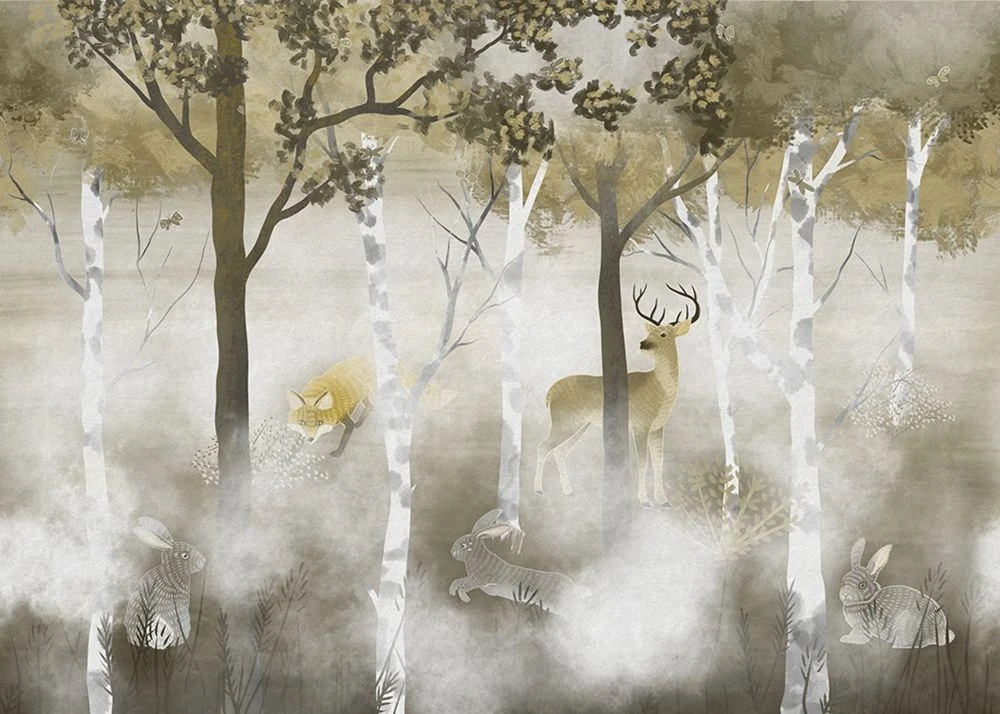 Фотообои на стену - пейзаж, деревья, звери, болотного цвета