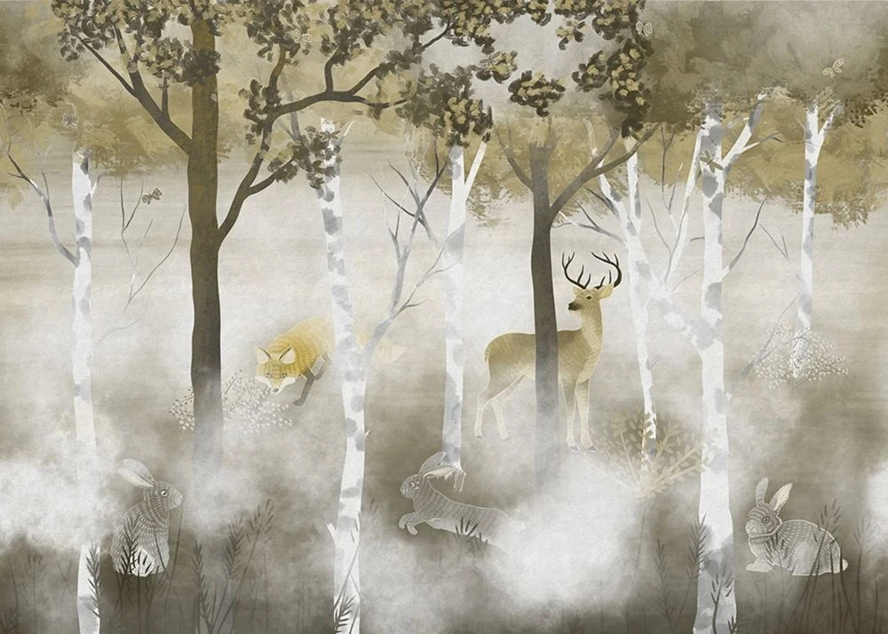 Фотообои на стену - пейзаж, деревья, звери, болотного цвета