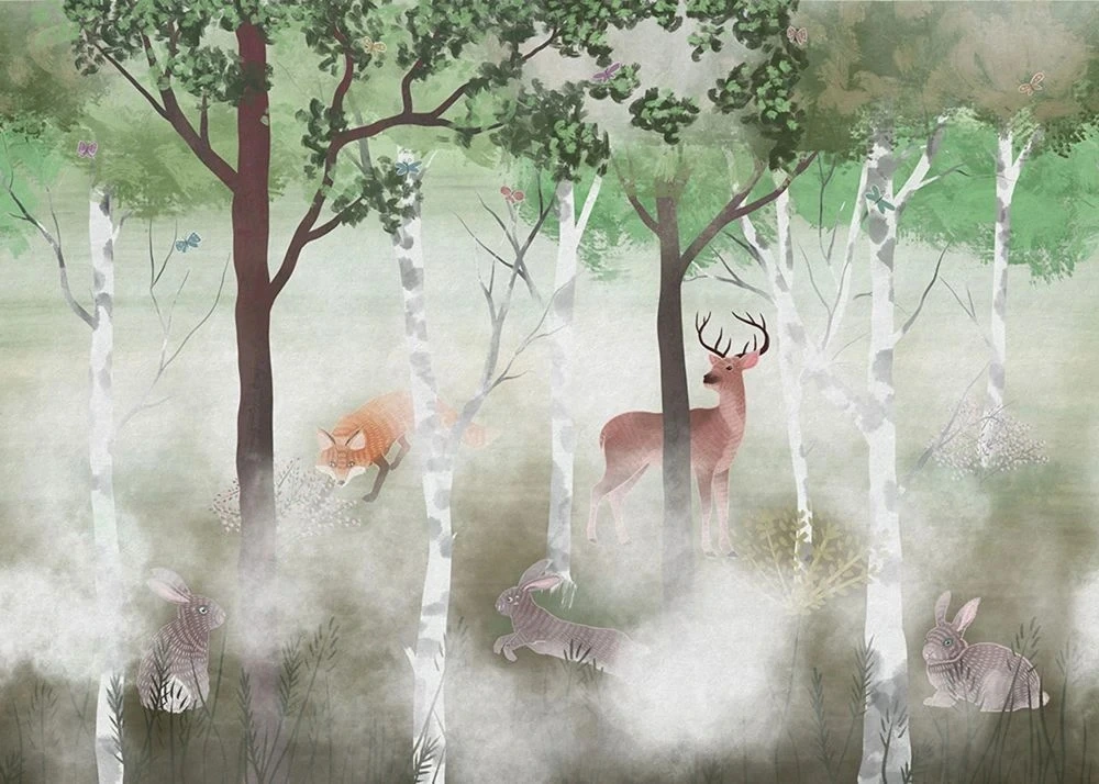 Фотообои и фрески на стену - пейзаж, деревья, звери, зеленая