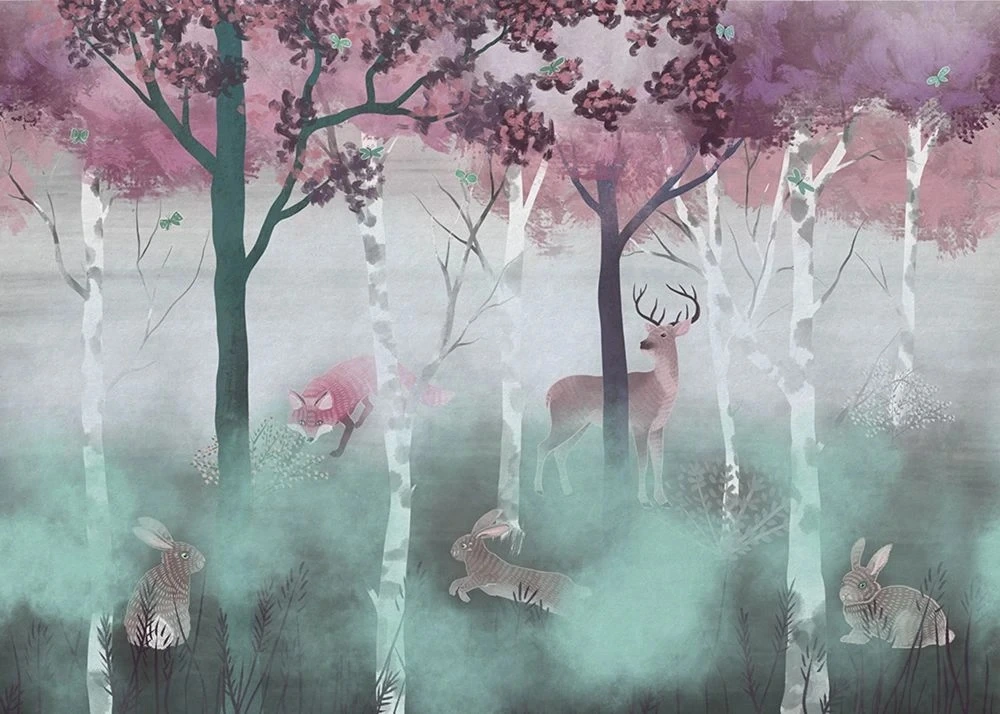 Фотообои и фрески на стену - пейзаж, деревья, звери, сиреневая