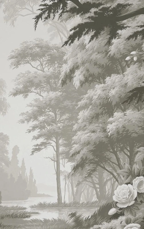 Фотообои и фрески на стену - пейзаж, деревья, в тумане, серо-зеленая