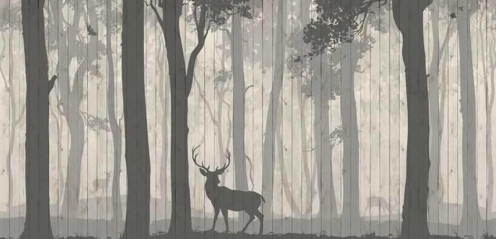 Фотообои на стену - пейзаж, лес в тумане, стволы, олень