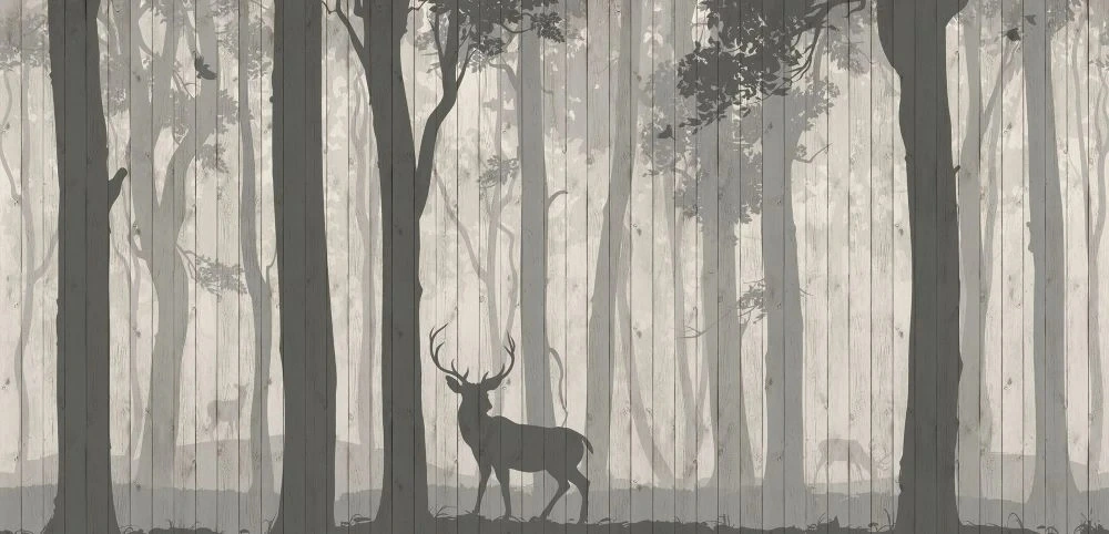 Фотообои и фрески на стену - пейзаж, лес в тумане, стволы, олень