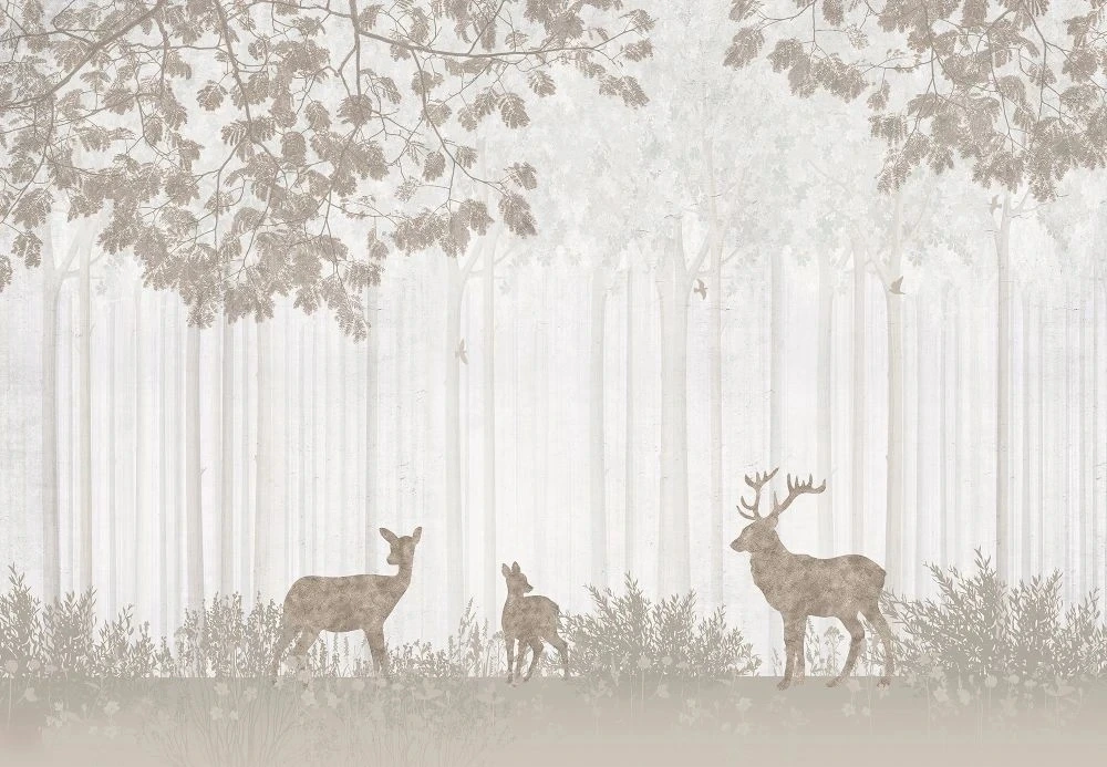 Фотообои на стену - пейзаж, бежевые, ветки, олени, силуэты