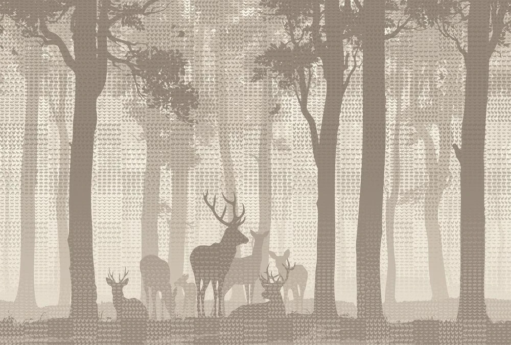 Фотообои и фрески на стену - пейзаж, бежевые, лес, стволы, олени
