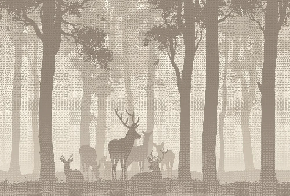 Фотообои на стену - пейзаж, бежевые, лес, стволы, олени