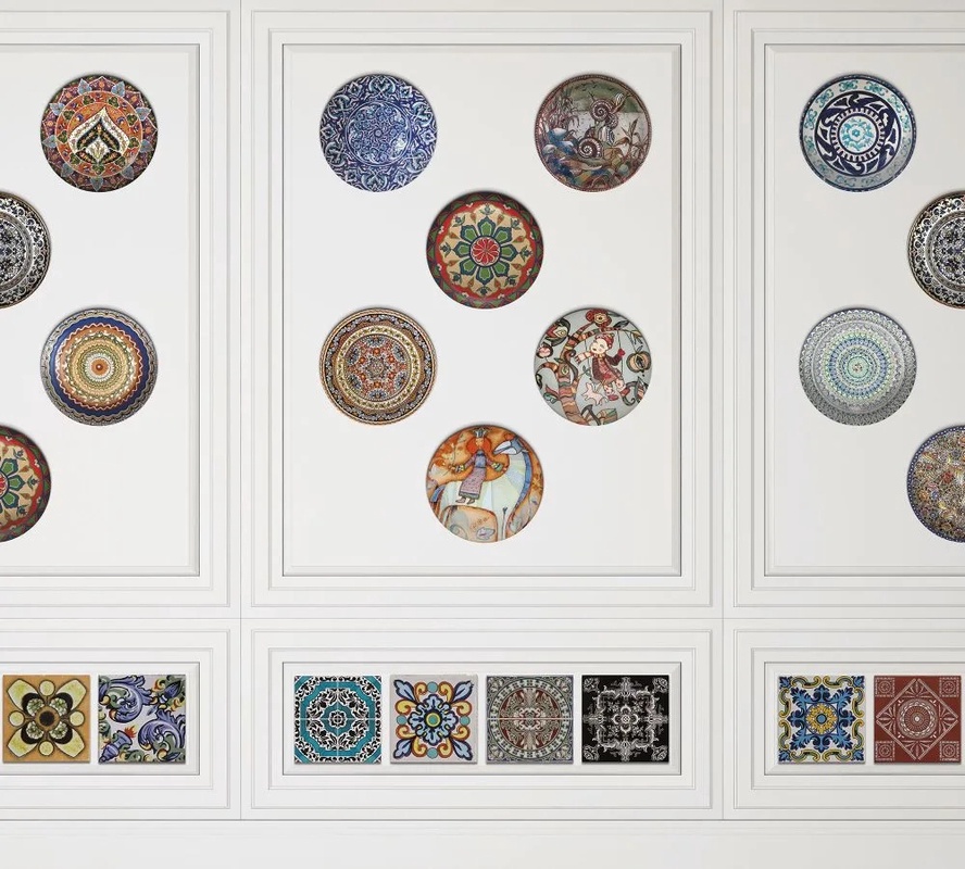 Фотообои и фрески на стену - лофт, тарелки на стене, на белом фоне