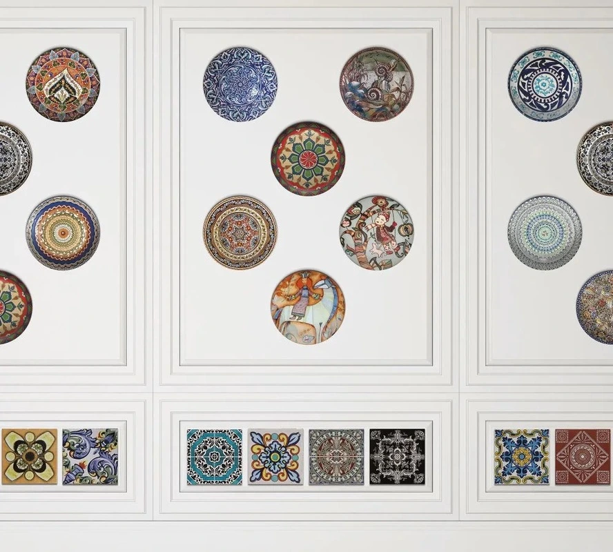 Фотообои на стену - лофт, тарелки на стене, на белом фоне