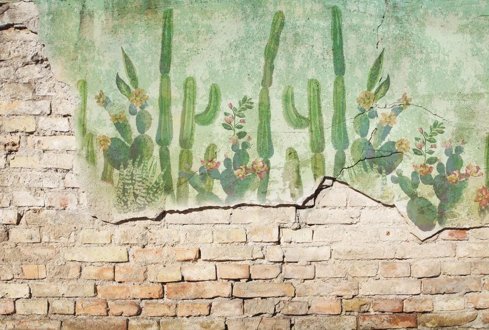 Фотообои и фрески на стену - лофт, кирпичная стена, рисунок, кактусы