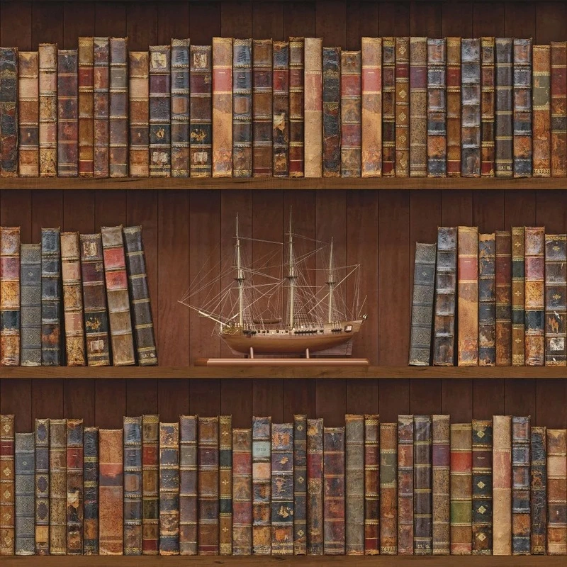 Фотообои на стену - лофт, книжные полки, книги, коричневая