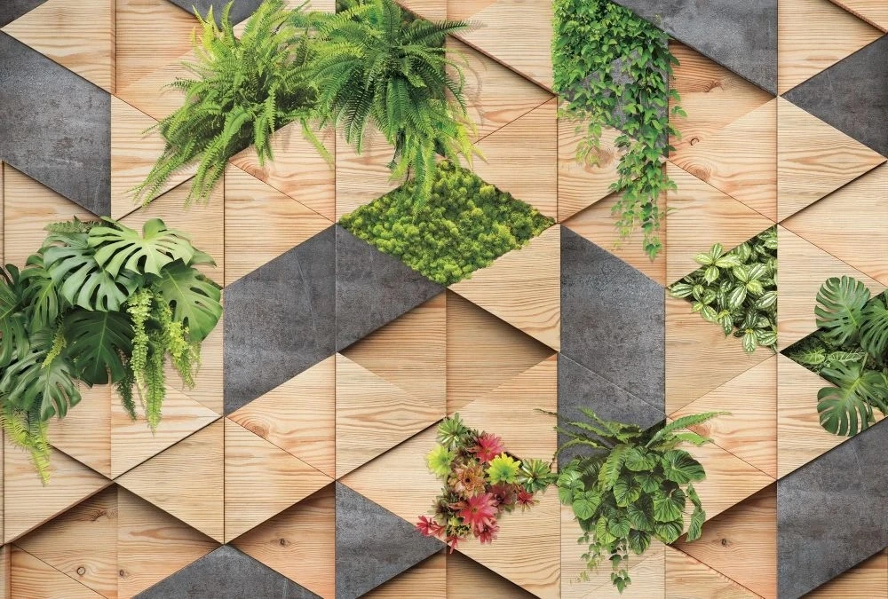 Фотообои и фрески на стену - лофт, стена из досок, зелень