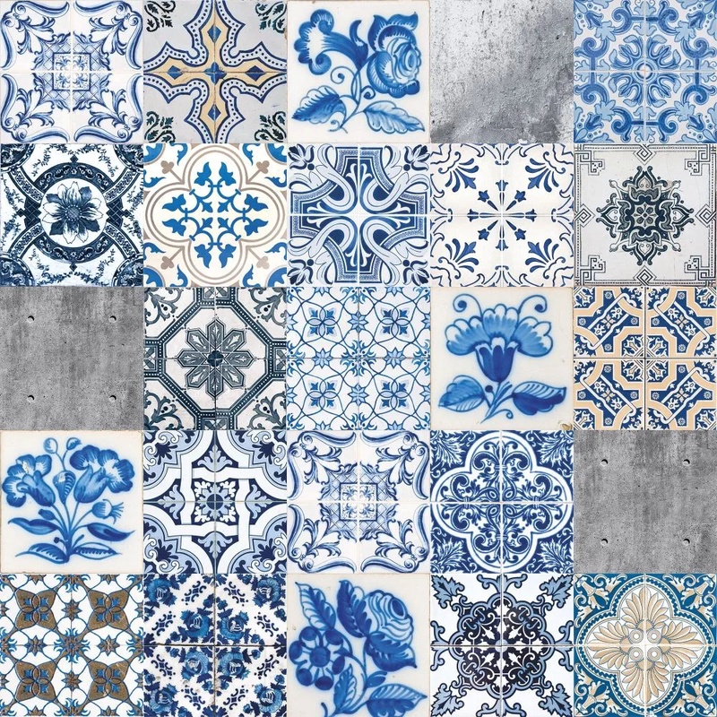 Фотообои и фрески на стену - лофт, изразцы, узор, серо-голубая