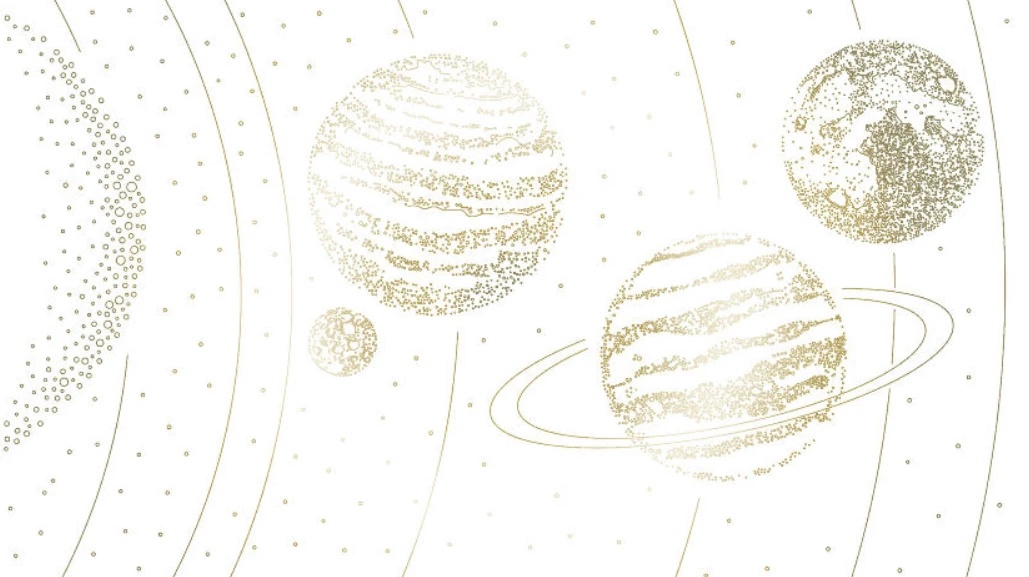 Фотообои и фрески на стену - графика, планеты, с золотом, золотая, золотые линии, на белом фоне