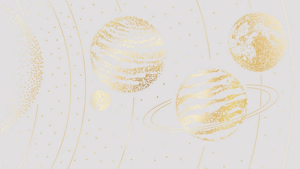 Фотообои на стену - графика, планеты, с золотом, золотая, золотые линии, светло серая