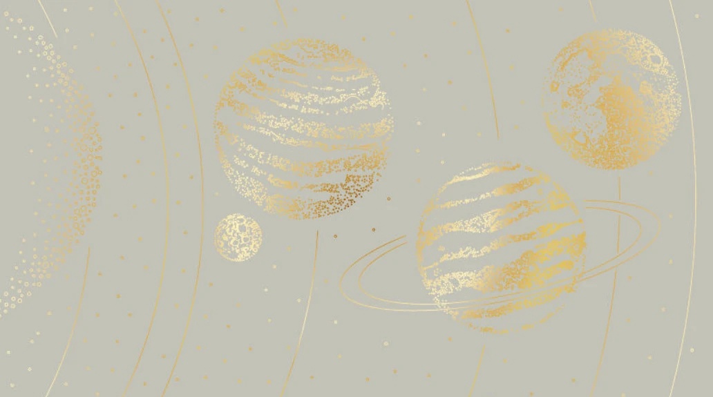 Фотообои и фрески на стену - графика, планеты, золотые линии, с золотом, фисташковая