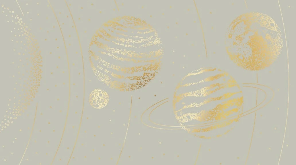 Фотообои и фрески на стену - графика, планеты, золотые линии, с золотом, фисташковая