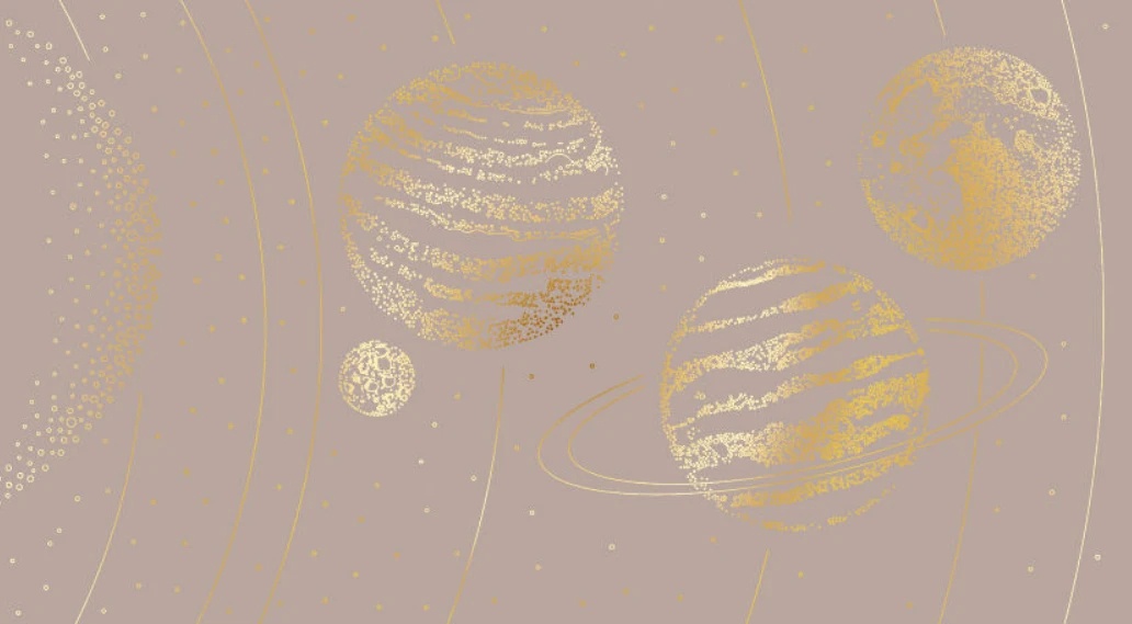 Фотообои и фрески на стену - графика, планеты, золотые линии, с золотом, поталь, цвета какао