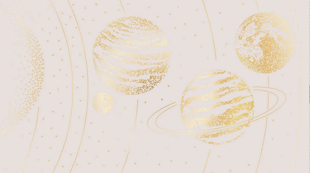 Фотообои и фрески на стену - графика, планеты, золотые линии, с золотом, серо-розовая