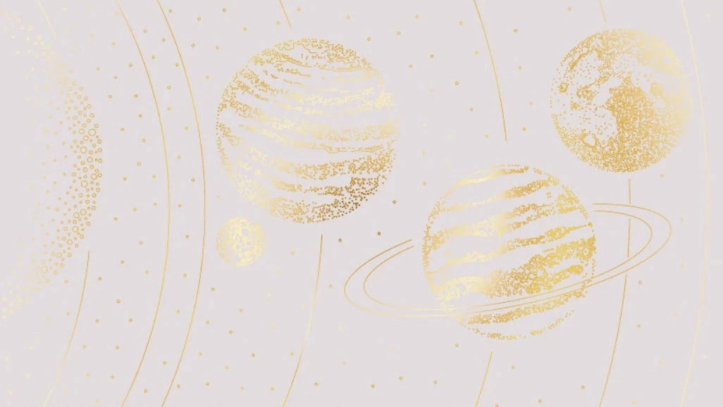 Фотообои и фрески на стену - графика, планеты, золотые линии, с золотом, розово-серая