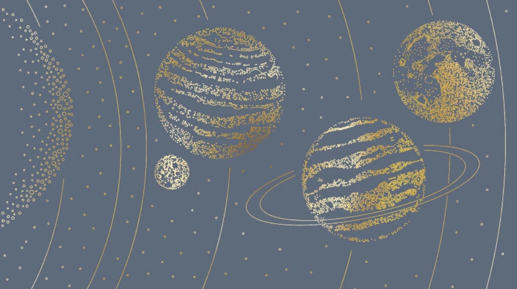 Фотообои и фрески на стену - графика, планеты, золотые линии, с золотом, серо-синяя