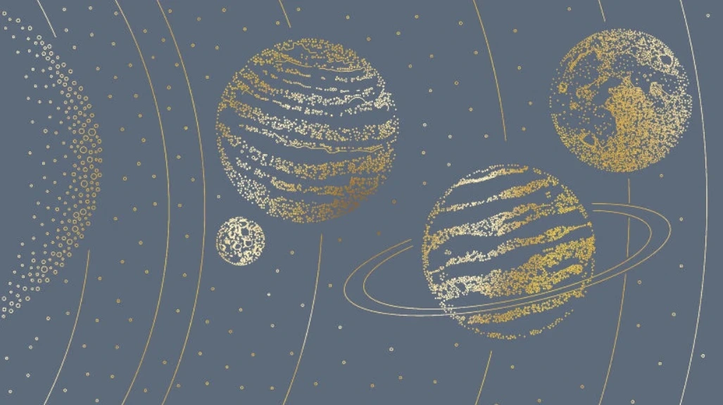 Фотообои на стену - графика, планеты, золотые линии, с золотом, серо-синяя