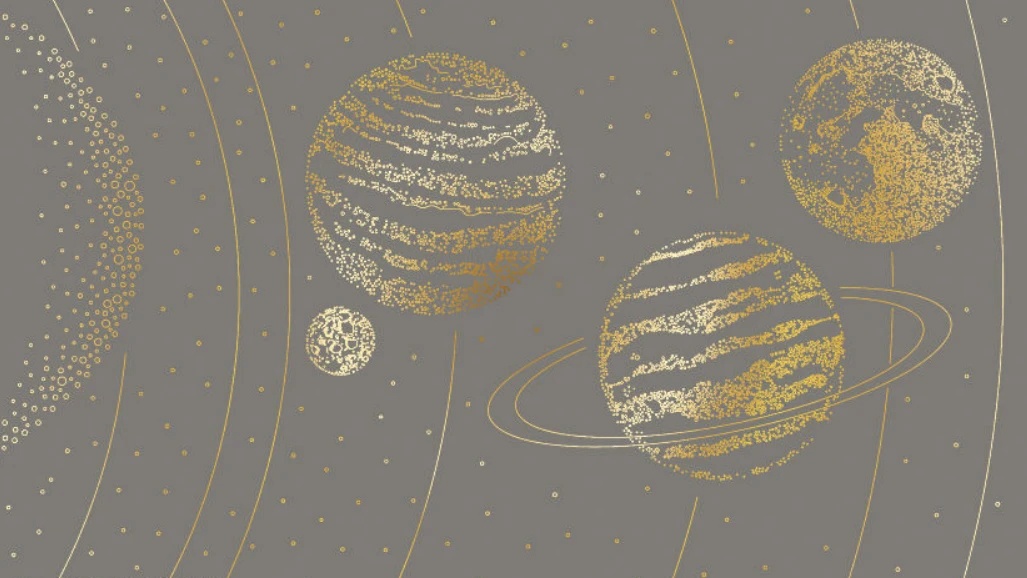 Фотообои на стену - графика, планеты, золотые линии, с золотом, коричнево-серая