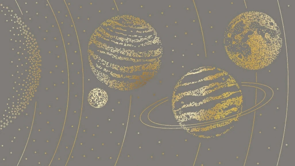 Фотообои и фрески на стену - графика, планеты, золотые линии, с золотом, коричнево-серая