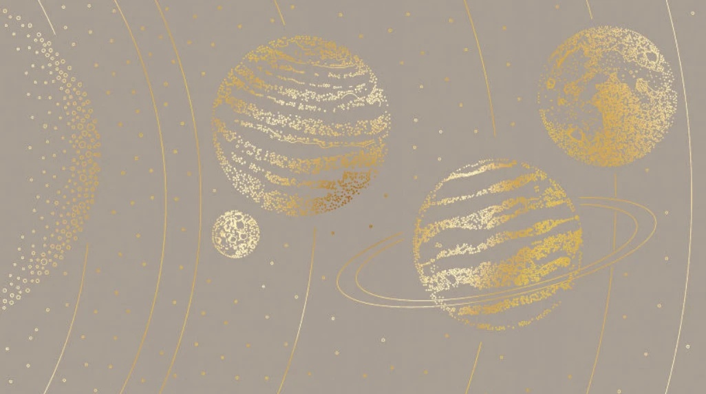 Фотообои на стену - графика, планеты, золотые линии, серая, коричневая