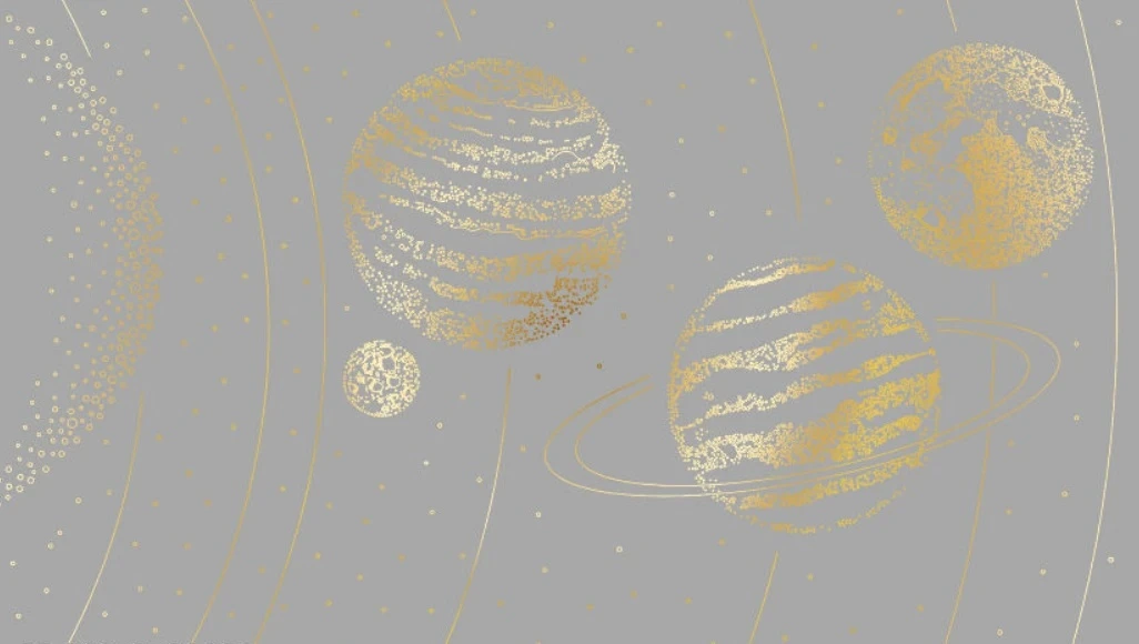 Фотообои и фрески на стену - графика, планеты, золотые линии, с золотом, темно серая