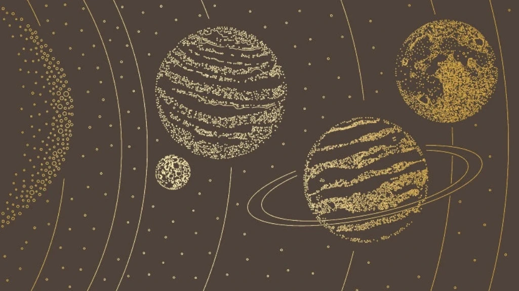 Фотообои и фрески на стену - графика, планеты, золотые линии, с золотом, темно коричневая