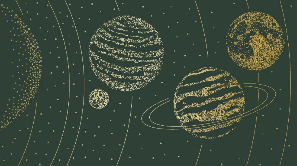 Фотообои на стену - графика, планеты, золотые линии, с золотом, темно зеленая