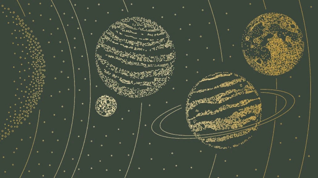 Фотообои на стену - графика, планеты, золотые линии, с золотом, серо-зеленая