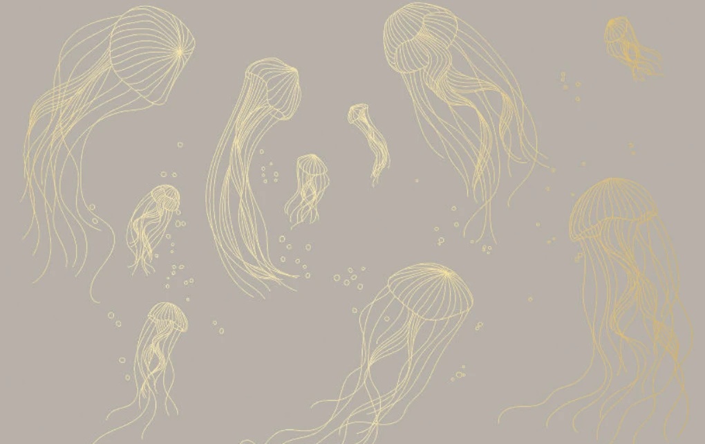 Фотообои на стену - графика, медузы, золотые линии, с золотом, золотая, темно бежевые