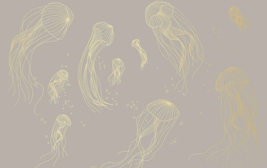 Фотообои и фрески на стену - графика, медузы, золотые линии, с золотом, золотая, темно бежевые