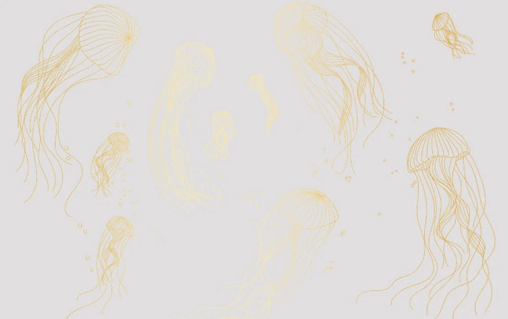 Фотообои и фрески на стену - графика, медузы, золотые линии, с золотом, золотая, светло серая
