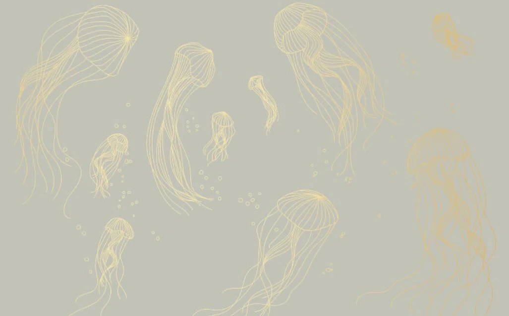 Фотообои и фрески на стену - графика, медузы, золотые линии, с золотом, золотая, фисташковая, светло серая
