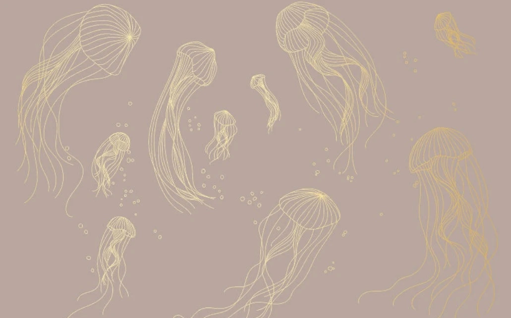 Фотообои и фрески на стену - графика, медузы, золотые линии, с золотом, золотая, розово-бежевая