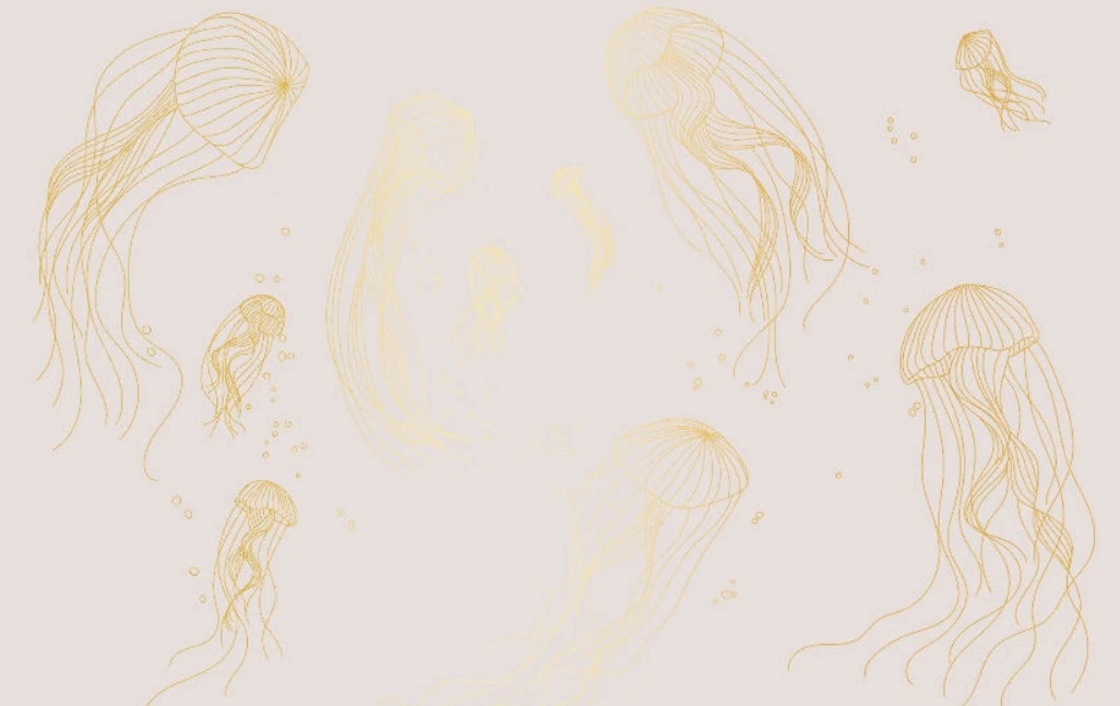Фотообои и фрески на стену - графика, медузы, золотые линии, с золотом, золотая, серо-розовая, бледно розовая
