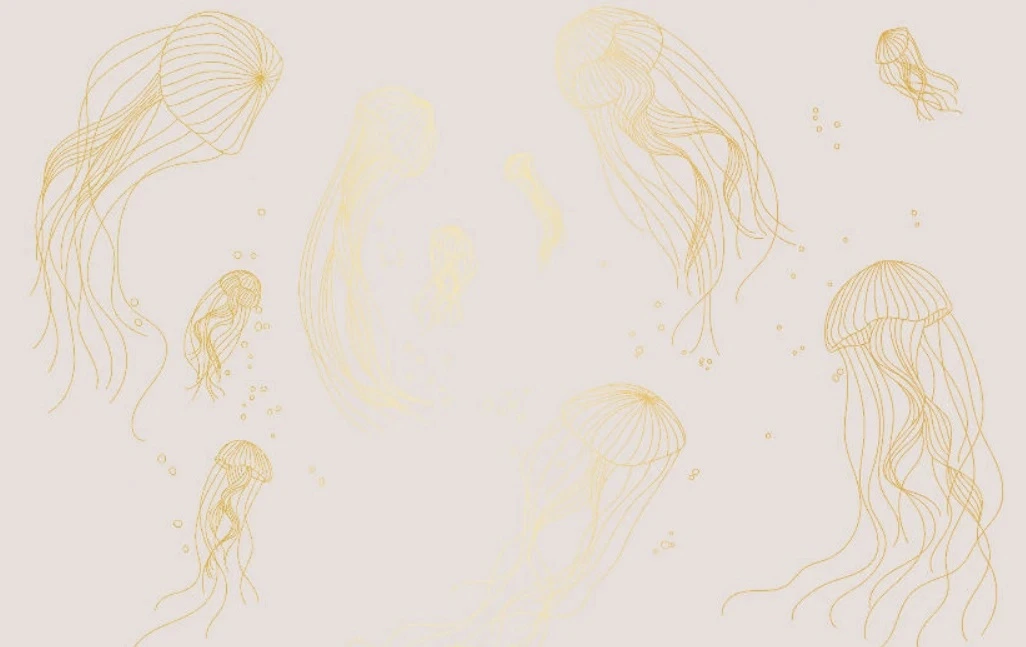 Фотообои и фрески на стену - графика, медузы, золотые линии, с золотом, золотая, серо-розовая, бледно розовая