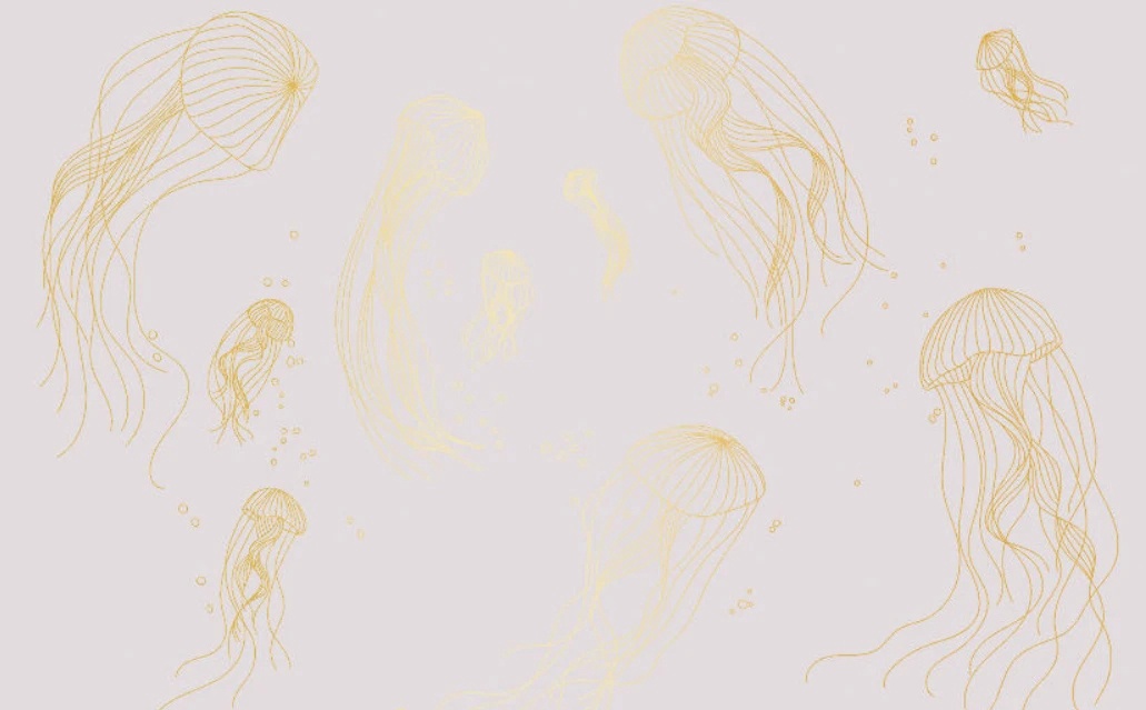 Фотообои и фрески на стену - графика, медузы, золотые линии, с золотом, золотая, розовая
