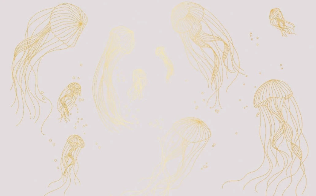 Фотообои и фрески на стену - графика, медузы, золотые линии, с золотом, золотая, розовая