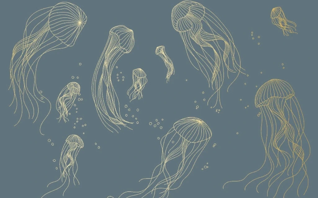 Фотообои и фрески на стену - графика, медузы, золотые линии, с золотом, золотая, сине-серая