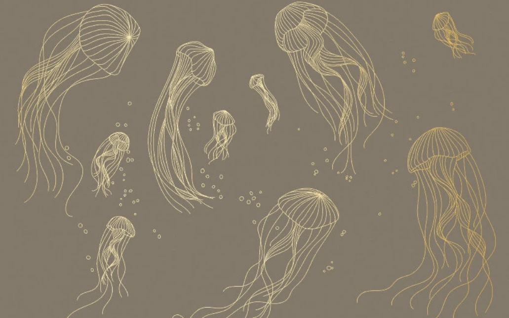 Фотообои на стену - графика, медузы, золотые линии, с золотом, золотая, серо-коричневая
