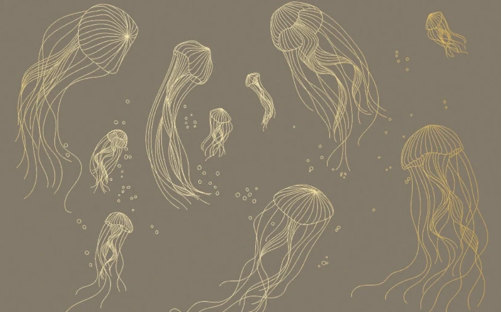 Фотообои и фрески на стену - графика, медузы, золотые линии, с золотом, золотая, серо-коричневая