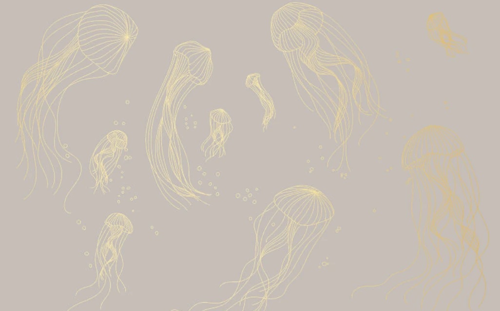 Фотообои на стену - графика, медузы, золотые линии, с золотом, золотая, серо-бежевая, бежево-серая